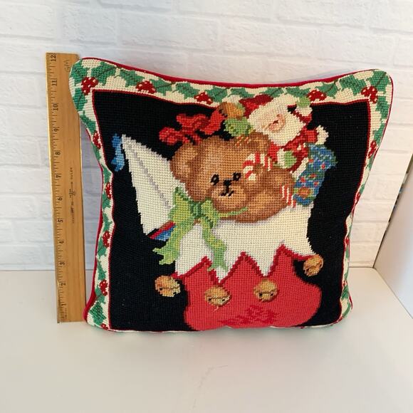 VTG Christmas Bear In Stocking Needlepoint Holiday Throw Pillow Red Velvet 12" - Picture 5 of 6